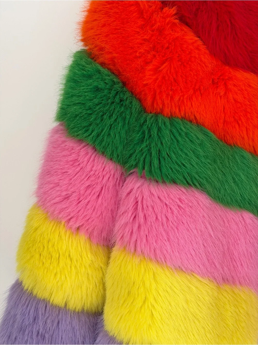 Rainbow Striped Faux Fur Coat - Multicolor